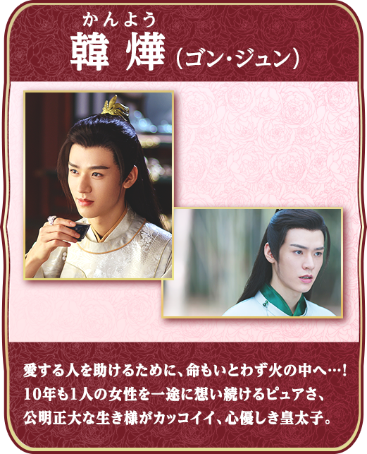 韓燁（かんよう）（ゴン・ジュン）・・・愛する人を助けるために、命もいとわず火の中へ…！１０年も１人の女性を一途に想い続けるピュアさ、公明正大な生き様がカッコイイ、心優しき皇太子。