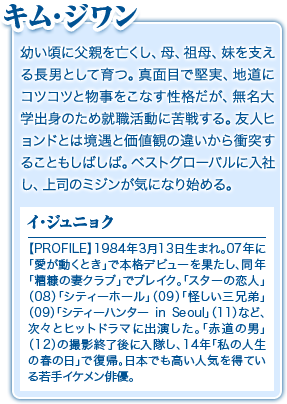 キム･ジワン／幼い頃に父親を亡くし、母、祖母、妹を支える長男として育つ。真面目で堅実、地道にコツコツと物事をこなす性格だが、無名大学出身のため就職活動に苦戦する。友人ヒョンドとは境遇と価値観の違いから衝突することもしばしば。ベストグローバルに入社し、上司のミジンが気になり始める。／イ･ジュニョク／【PROFILE】1984年3月13日生まれ。07年に「愛が動くとき」で本格デビューを果たし、同年「糟糠の妻クラブ」でブレイク。「スターの恋人」（08）「シティーホール」（09）「怪しい三兄弟」（09）「シティーハンター in Seoul」（11）など、次々とヒットドラマに出演した。「赤道の男」（12）の撮影終了後に入隊し、14年「私の人生の春の日」で復帰。日本でも高い人気を得ている若手イケメン俳優。