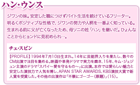ハン･ウンス／ジワンの妹。安定した職につけずバイト生活を続けているフリーター。明るくポジティブな性格で、ジワンの努力や人柄を一番よく知っている。生まれる前に父が亡くなったため、母ソニの姓「ハン」を継いだ。ひょんなことからヒョンドに見初められ…。／チェ･スビン／【PROFILE】1994年7月10日生まれ。14年に芸能界入りを果たし、数々のCM出演で注目を集める。映画や単発ドラマで実力を磨き、15年、キム・ジェジュン主演のドラマ「スパイ～愛を守るもの～」に出演。本作では愛らしい魅力と安定した演技力で人気を博し、APAN STAR AWARDS、KBS演技大賞で新人賞を受賞した。その他の出演作は「不躾にゴーゴー（原題）」（15）。