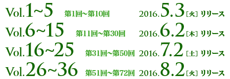 Vol.1～5 第1回～第10回 2016.5.3［火］リリース／Vol.6〜15 第11回〜第30回 2016.6.2[木]リリース／Vol.16〜25 第31回〜第50回 2016.7.2[土]リリース／Vol.26〜36 第51回〜第72回 2016.8.2[火]リリース