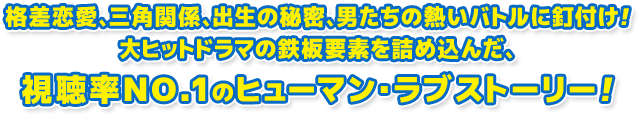 格差恋愛、三角関係、出生の秘密、男たちの熱いバトルに釘付け！大ヒットドラマの鉄板要素を詰め込んだ、視聴率No.1のヒューマン・ラブストーリー！