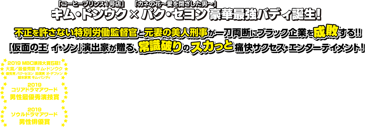 「コーヒープリンス1号店」キム・ドンウク×「カネの花〜愛を閉ざした男〜」パク・セヨン 豪華最強バディ誕生！不正を許さない特別労働監督官と元妻の美人刑事が一刀両断にブラック企業を成敗する！！「仮面の王 イ・ソン」演出家が贈る、常識破りのスカっと痛快サクセス・エンターテイメント！ 2019コリアドラマアワード男性最優秀演技賞 2019ソウルドラマアワード男性俳優賞