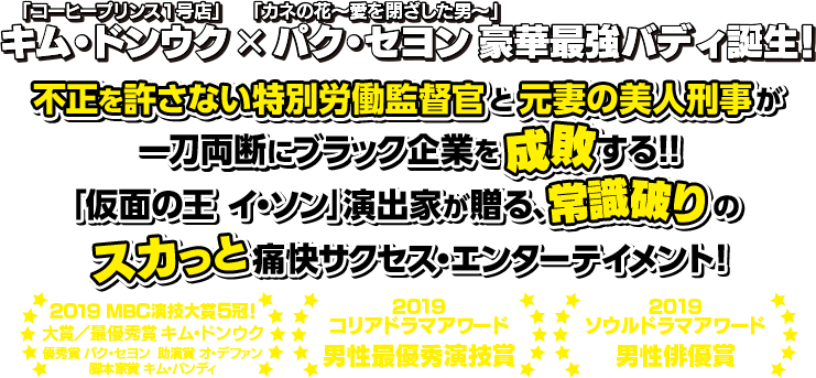 「コーヒープリンス1号店」キム・ドンウク×「カネの花〜愛を閉ざした男〜」パク・セヨン 豪華最強バディ誕生！不正を許さない特別労働監督官と元妻の美人刑事が一刀両断にブラック企業を成敗する！！「仮面の王 イ・ソン」演出家が贈る、常識破りのスカっと痛快サクセス・エンターテイメント！ 2019コリアドラマアワード男性最優秀演技賞 2019ソウルドラマアワード男性俳優賞