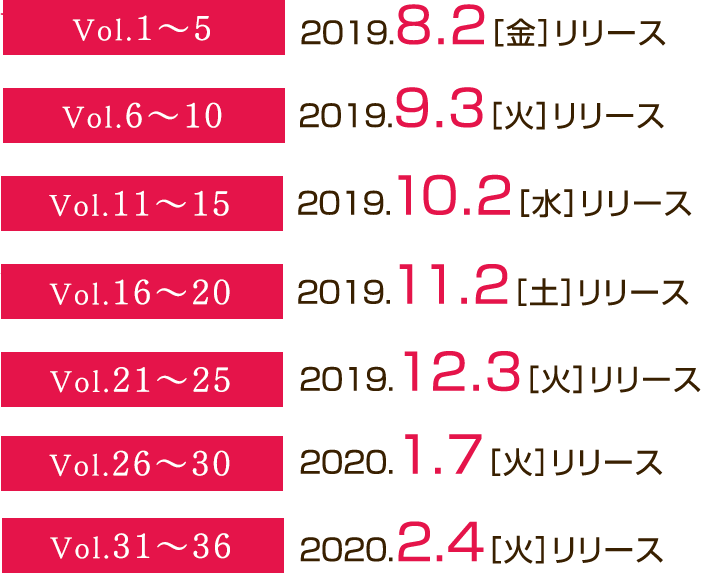 Vol1から5は2019年8月2日(火)にリリース。Vol6から10は2019年9月3日(火)にリリース。Vol11から15は2019年10月2(水)にリリース。Vol16から20は2019年11月2日(土)にリリース。Vol21から25は2019年12月3日(火)にリリース。Vol26から30は2020年1月7日(火)にリリース。Vol31から36は2020年2月4日(火)にリリース。