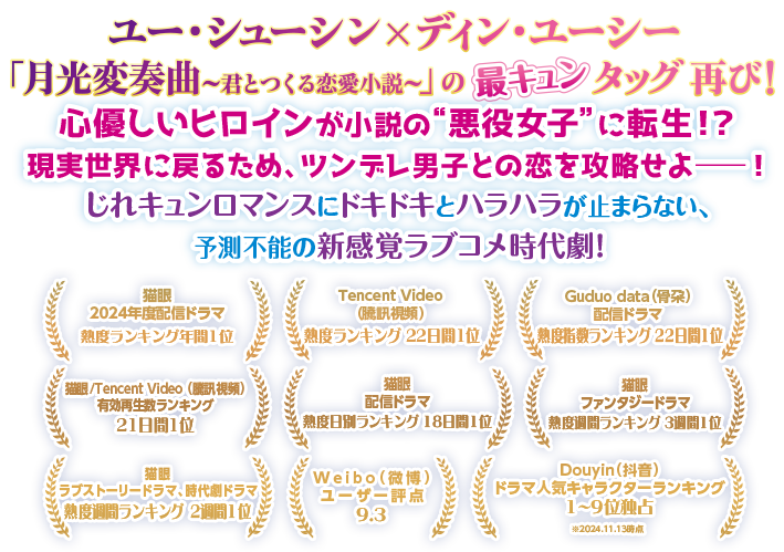 ユー・シューシン×ディン・ユーシー、「月光変奏曲〜君とつくる恋愛小説〜」の最キュンタッグ再び！心優しいヒロインが小説の“悪役女子”に転生！？現実世界に戻るため、ツンデレ男子との恋を攻略せよ――！じれキュンロマンスにドキドキとハラハラが止まらない、予測不能の新感覚ラブコメ時代劇！