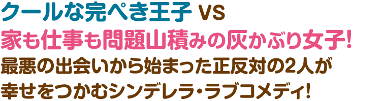 クールな完ぺき王子 VS 家も仕事も問題山積みの灰かぶり女子！ 最悪の出会いから始まった正反対の2人が幸せをつかむシンデレラ・ラブコメディ！