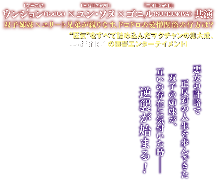 「女王の家」ウンジョン（T-ARA）×「三番目の結婚」ユン・ソヌ×「二度目の裁判」ゴニル（SUPERNOVA）共演 悪女の計略で正反対の人生を歩んできた双子の姉妹が、互いの存在に気付いた時―― 逆襲が始まる！双子姉妹×エリート兄弟が織りなす、ドロドロの愛憎関係の行方は？“狂気”をすべて詰め込んだマクチャンの集大成、中毒性No.1の復讐エンターテイメント！
