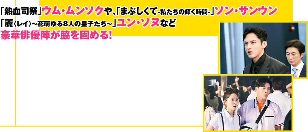 「熱血司祭」ウム・ムンソクや、「まぶしくて-私たちの輝く時間-」ソン・サンウン、「麗〈レイ〉～花萌ゆる8人の皇子たち～」ユン・ソヌなど豪華俳優陣が脇を固める！