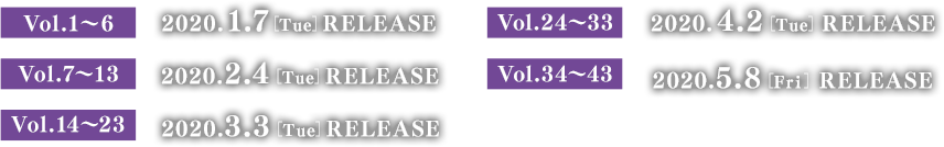 Vol.1～6　2020.1.7［Tue］リリース Vol.7～13　2020.2.4［Tue］リリース Vol.14～23　2020.3.3［Tue］リリース Vol.24～33　2020.4.2［Thu］リリース Vol.34～43　2020.5.8［Fri］リリース