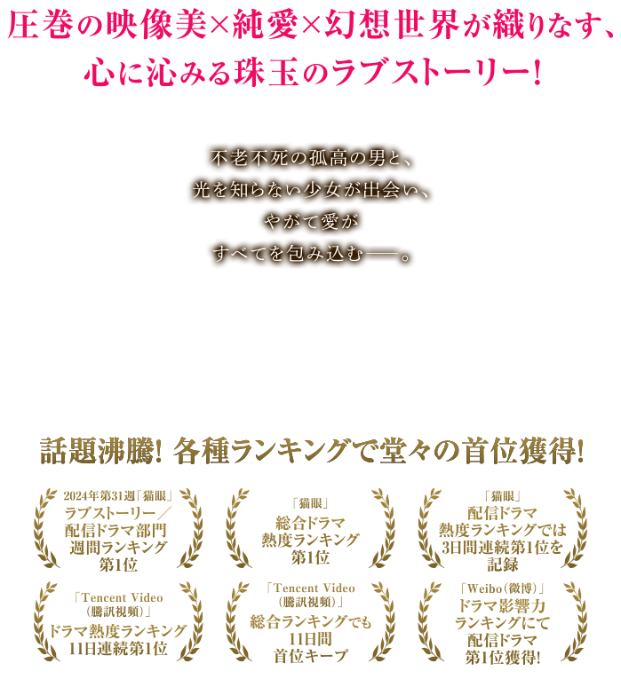 話題沸騰！各種ランキングで堂々の首位獲得！2024年第31週「猫眼」ラブストーリー／配信ドラマ部門 週間ランキング第1位「猫眼」総合ドラマ熱度ランキング第1位「猫眼」配信ドラマ熱度ランキングでは3日間連続第1位を記録「Tencent Video（騰訊視頻）」ドラマ熱度ランキング 11日連続第1位「Tencent Video（騰訊視頻）」総合ランキングでも11日間首位キープ「Weibo（微博）」ドラマ影響力ランキングにて配信ドラマ第1位獲得！不老不死の孤高の男と、光を知らない少女が出会い、やがて愛がすべてを包み込む――。圧巻の映像美×純愛×幻想世界が織りなす、心に沁みる珠玉のラブストーリー！
