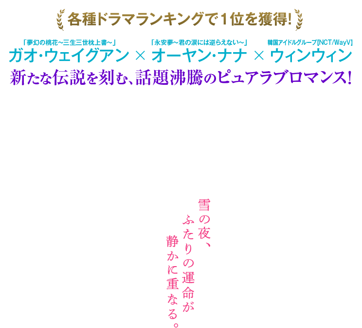 各種ドラマランキングで1位を獲得！「夢幻の桃花～三生三世枕上書～」ガオ・ウェイグアン × 「永安夢～君の涙には逆らえない～」オーヤン・ナナ × 韓国アイドルグループ【NCT/WayV】ウィンウィン　新たな伝説を刻む、話題沸騰のピュアラブロマンス！〜雪の夜、ふたりの運命が静かに重なる。〜