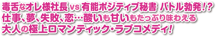 毒舌なオレ様社長 vs 有能ポジティブ秘書 バトル勃発！？仕事、夢、失敗、恋…酸いも甘いもたっぷり味わえる大人の極上ロマンティック・ラブコメディ！