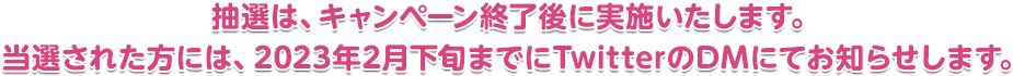 抽選は、キャンペーン終了後に実施いたします。当選された方には、2023年2月下旬までにTwitterのDMにてお知らせします。