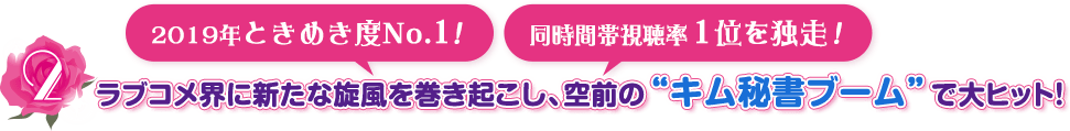 ２．2019年ときめき度No.1！ 同時間帯視聴率１位を独走！ ラブコメ界に新たな旋風を巻き起こし、空前の“キム秘書ブーム”で大ヒット！