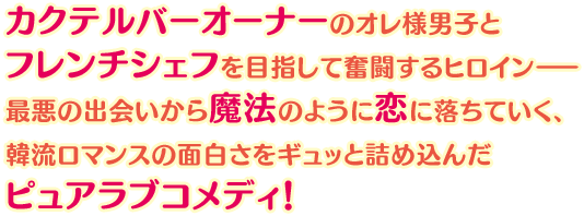 カクテルバーオーナーのオレ様男子とフレンチシェフを目指して奮闘するヒロインー 最悪の出会いから魔法のように恋に落ちていく、韓流ロマンスの面白さをギュッと詰め込んだピュアラブコメディ！