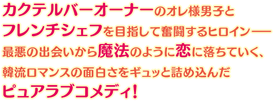 カクテルバーオーナーのオレ様男子とフレンチシェフを目指して奮闘するヒロインー 最悪の出会いから魔法のように恋に落ちていく、韓流ロマンスの面白さをギュッと詰め込んだピュアラブコメディ！