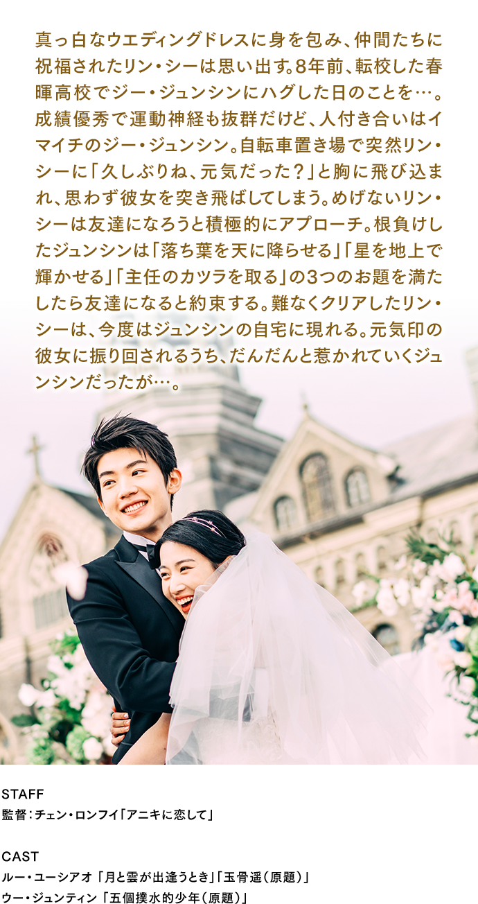 真っ白なウエディングドレスに身を包み、仲間たちに祝福されたリン・シーは思い出す。8年前、転校した春暉高校でジー・ジュンシンにハグした日のことを…。成績優秀で運動神経も抜群だけど、人付き合いはイマイチのジー・ジュンシン。自転車置き場で突然リン・シーに「久しぶりね、元気だった？」と胸に飛び込まれ、思わず彼女を突き飛ばしてしまう。めげないリン・シーは友達になろうと積極的にアプローチ。根負けしたジュンシンは「落ち葉を天に降らせる」「星を地上で輝かせる」「主任のカツラを取る」の3つのお題を満たしたら友達になると約束する。難なくクリアしたリン・シーは、今度はジュンシンの自宅に現れる。元気印の彼女に振り回されるうち、だんだんと惹かれていくジュンシンだったが…。