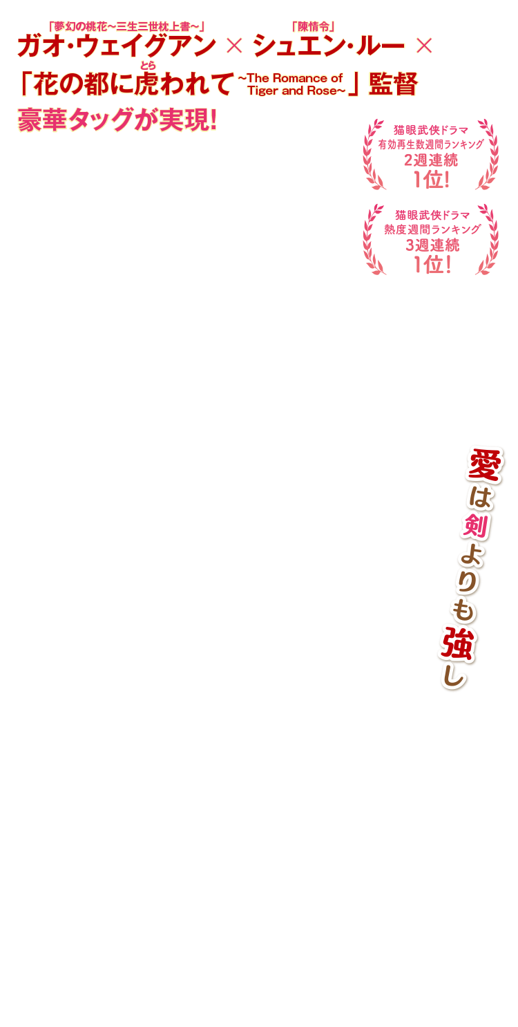 猫眼 武侠ドラマ　熱度週間ランキング3週連続1位！猫眼 武侠ドラマ 有効再生数 週間ランキング 2週連続1位　愛は剣よりも強し