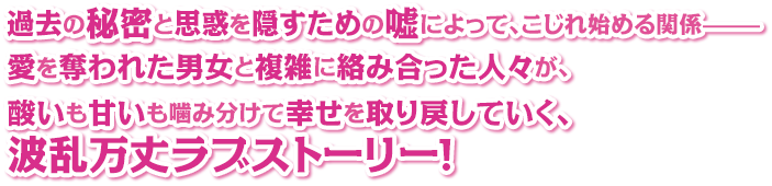 過去の秘密と思惑を隠すための嘘によって、こじれ始める関係—— 愛を奪われた男女と複雑に絡み合った人々が、酸いも甘いも噛み分けて幸せを取り戻していく、波乱万丈ラブストーリー！