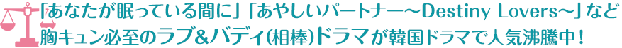 「あなたが眠っている間に」「あやしいパートナー～Destiny Lovers～」など胸キュン必至のラブ&バディ(相棒)ドラマが韓国ドラマで人気沸騰中！