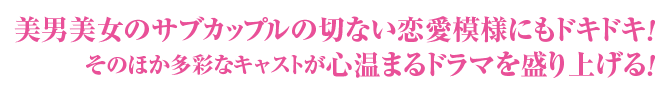 美男美女のサブカップルの切ない恋愛模様にもドキドキ！そのほか多彩なキャストが心温まるドラマを盛り上げる！