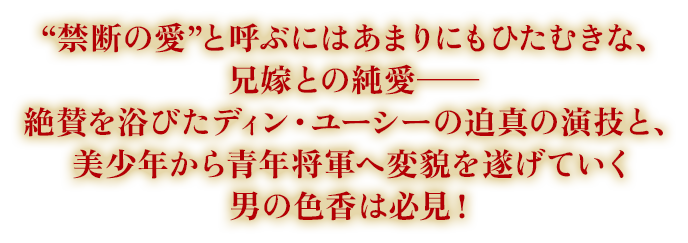 “禁断の愛”と呼ぶにはあまりにもひたむきな、兄嫁との純愛―― 絶賛を浴びたディン・ユーシーの迫真の演技と、美少年から青年将軍へ変貌を遂げていく男の色香は必見！
