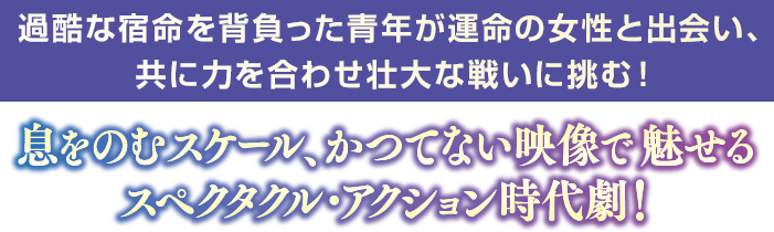 過酷な宿命を背負った青年が運命の女性と出会い、共に力を合わせ壮大な戦いに挑む！
          息をのむスケール、かつてない映像で魅せるスペクタクル・アクション時代劇！