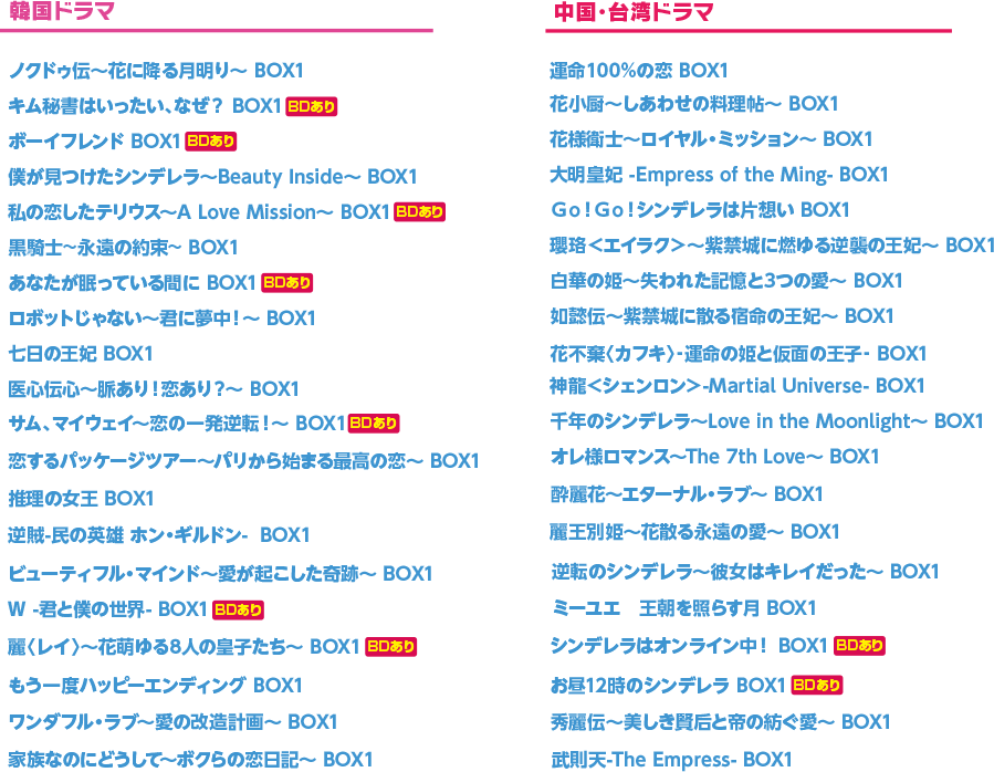 全40タイトル廉価版BOX一覧　韓国タイトル・・・ﾉｸﾄﾞｩ伝~花に降る月明り~ BOX1/ｷﾑ秘書はいったい､なぜ? BOX1  BDあり/ﾎﾞｰｲﾌﾚﾝﾄﾞ BOX1 BDあり/僕が見つけたｼﾝﾃﾞﾚﾗ~Beauty Inside~ BOX1/私の恋したﾃﾘｳｽ~A LOVE MISSION~ BOX1 BDあり/黒騎士~永遠の約束~ BOX1/あなたが眠っている間に BOX1 BDあり/ﾛﾎﾞｯﾄじゃない~君に夢中!~ BOX1/七日の王妃 BOX1/医心伝心~脈あり!恋あり?~ BOX1/ｻﾑ､ﾏｲｳｪｲ~恋の一発逆転!~ BOX1 BDあり/恋するﾊﾟｯｹｰｼﾞﾂｱｰ ~ﾊﾟﾘから始まる最高の恋~ BOX1/推理の女王 BOX1/逆賊-民の英雄ﾎﾝ･ｷﾞﾙﾄﾞﾝ- BOX1/ﾋﾞｭｰﾃｨﾌﾙ･ﾏｲﾝﾄﾞ~愛が起こした奇跡~ BOX1/W -君と僕の世界- BOX1 BDあり/麗<ﾚｲ>~花萌ゆる8人の皇子たち~ BOX1  BDあり/もう一度ﾊｯﾋﾟｰｴﾝﾃﾞｨﾝｸﾞ BOX1/ﾜﾝﾀﾞﾌﾙ･ﾗﾌﾞ~愛の改造計画~ BOX1/家族なのにどうして~ﾎﾞｸらの恋日記~ BOX1 中国・台湾ドラマ・・・運命100%の恋 BOX1/花小厨~しあわせの料理帖~ BOX1/花様衛士~ﾛｲﾔﾙ･ﾐｯｼｮﾝ~ BOX1/大明皇妃 -Empress of the Ming- BOX1 /Go!Go!ｼﾝﾃﾞﾚﾗは片想い BOX1/瓔珞<ｴｲﾗｸ>~紫禁城に燃ゆる逆襲の王妃~ BOX1/白華の姫~失われた記憶と3つの愛~ BOX1/如懿伝~紫禁城に散る宿命の王妃~ BOX1/花不棄〈ｶﾌｷ〉-運命の姫と仮面の王子- BOX1/神龍<ｼｪﾝﾛﾝ>-Martial Universe- BOX1/千年のｼﾝﾃﾞﾚﾗ~Love in the Moonlight~ BOX1/ｵﾚ様ﾛﾏﾝｽ~The 7th Love~ BOX1/酔麗花 ~ｴﾀｰﾅﾙ･ﾗﾌﾞ~ BOX1/麗王別姫~花散る永遠の愛~ BOX1/逆転のｼﾝﾃﾞﾚﾗ~彼女はｷﾚｲだった~ BOX1/ﾐｰﾕｴ~王朝を照らす月~ BOX1/ｼﾝﾃﾞﾚﾗはｵﾝﾗｲﾝ中! BOX1 BDあり/お昼12時のｼﾝﾃﾞﾚﾗ BOX1 BDあり/秀麗伝~美しき賢后と帝の紡ぐ愛~ BOX1/武則天-The Empress- BOX1