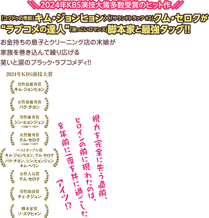 ＼＼2024年KBS演技大賞多数受賞のヒット作／／＜2024年KBS演技大賞＞ 男性最優秀賞（キム・ジョンヒョン）女性最優秀賞（パク・チヨン）男性優秀賞（シン・ヒョンジュン）　※長編ドラマ部門 女性優秀賞（クム・セロク） ※長編ドラマ部門 ベストカップル賞（キム・ジョンヒョン、クム・セロク）（パク・チヨン、シン・ヒョンジュン、キム・ヘウン）女性人気賞（クム・セロク）男性助演賞（チェ・テジュン）脚本家賞（ソ・スクヒャン）「コクドゥの季節」キム・ジョンヒョン×「サウンドトラック #2」クム・セロクが“ラブコメの達人”「油っこいロマンス」脚本家と最強タッグ！！視力を完全に失う直前、ヒロインの前に現れたのは、8年前に一夜を共に過ごしたアイツ！？お金持ちの息子とクリーニング店の末娘が家族を巻き込んで繰り広げる笑いと涙のブラック・ラブコメディ！！
