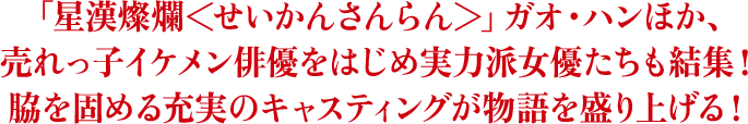 「星漢燦爛＜せいかんさんらん＞」ガオ・ハンほか、売れっ子イケメン俳優をはじめ実力派女優たちも結集！ 脇を固める充実のキャスティングが物語を盛り上げる！