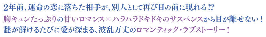 2年前、運命の恋に落ちた相手が、別人として再び目の前に現れる！？胸キュンたっぷりの甘いロマンス×ハラハラドキドキのサスペンスから目が離せない！謎が解けるたびに愛が深まる、波乱万丈のロマンティック・ラブストーリー！