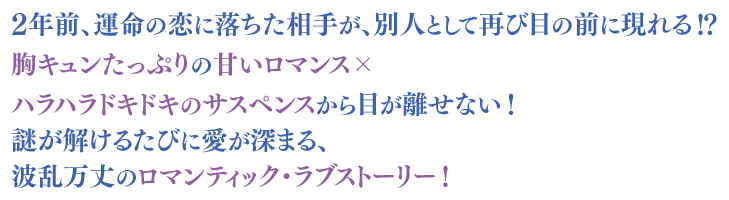 2年前、運命の恋に落ちた相手が、別人として再び目の前に現れる！？胸キュンたっぷりの甘いロマンス×ハラハラドキドキのサスペンスから目が離せない！謎が解けるたびに愛が深まる、波乱万丈のロマンティック・ラブストーリー！